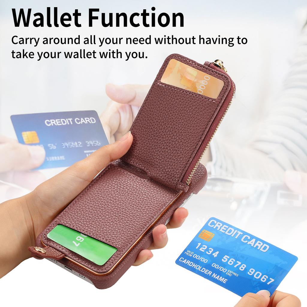 Y3 For iPhone 16 Case Card Holder Kickstand Leather+TPU Phone Cover with Zipper Pocket - Purple
