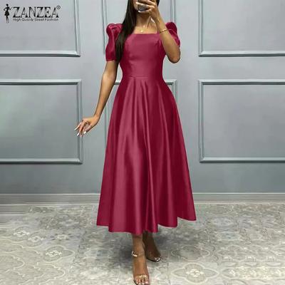 Женское повседневное квадратное воротниковое короткое летнее длинное платье