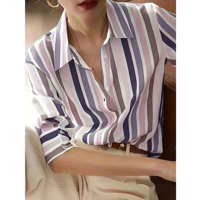 Elegant Chic Office Lady Turn Down Collar Shirt Simple Temperament Contrast Color Striped Shirts Long Sleeve Chiffon Blouses