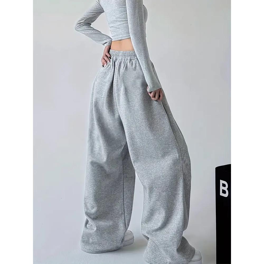 Drawstring Elastic Wide Leg Straight Pants Women's Slogan Printed Casual Loose Retro Straight Pants