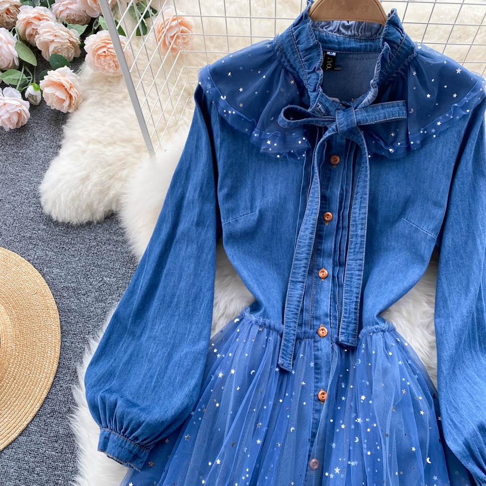Весеннее новое платье с воротником-стойкой и застежкой на талии, элегантное платье-рубашка из денима с сетчатой строчкой и эффектом старения