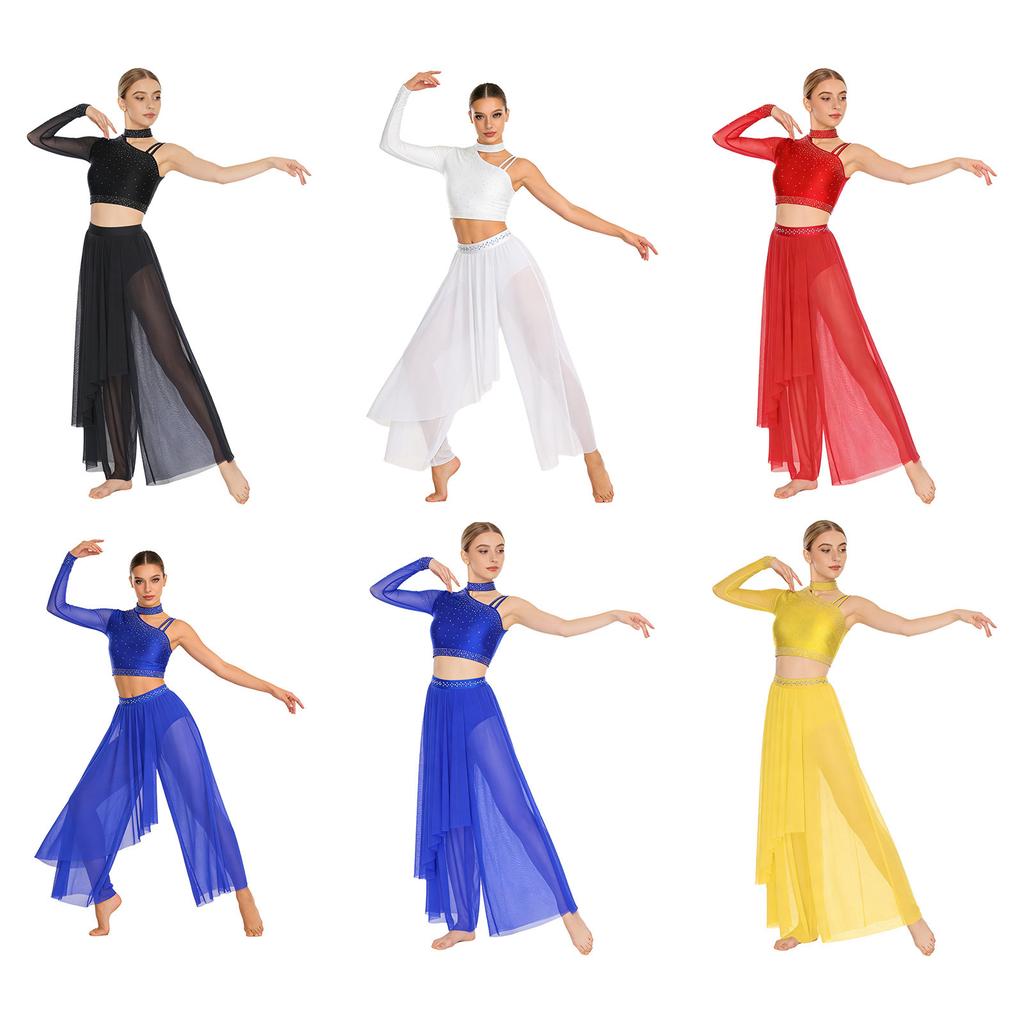Womens Rhinestone Lyrical Outfit Asymmetrical Long Sleeve Crop Top Loose Irregular Overlay Pants