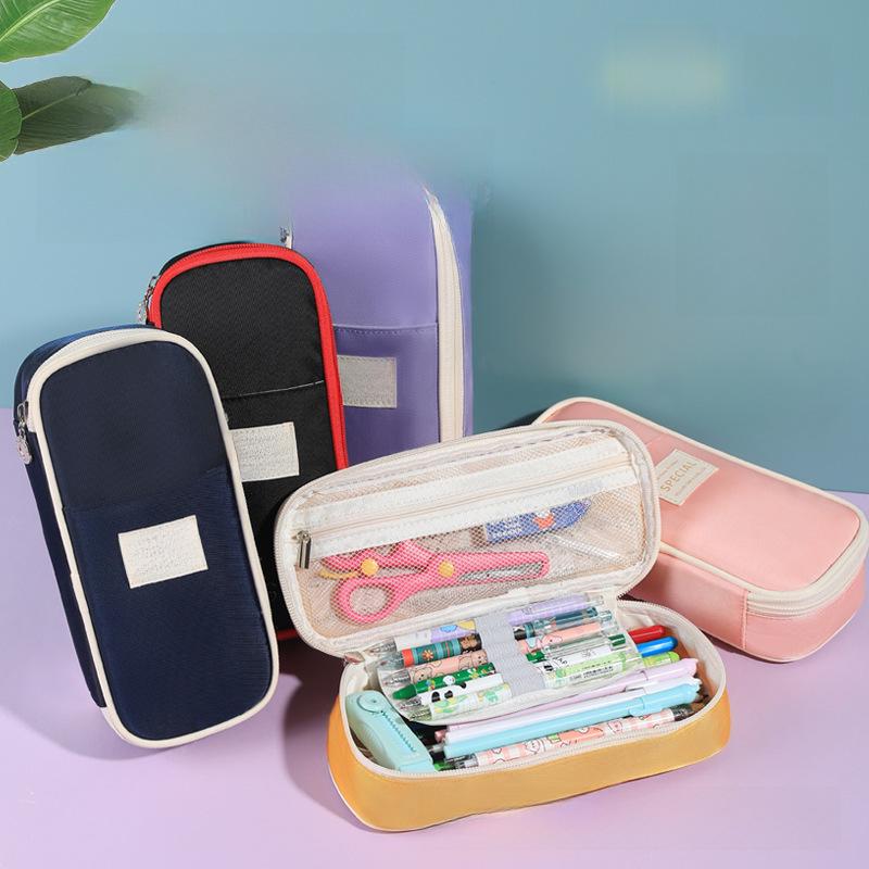 Вместительный холщовый пенал для школьников средних классов с защитой от грязи, двойной застежкой-молнией и тремя слоями, в свежем и простом дизайне в виде макарон.