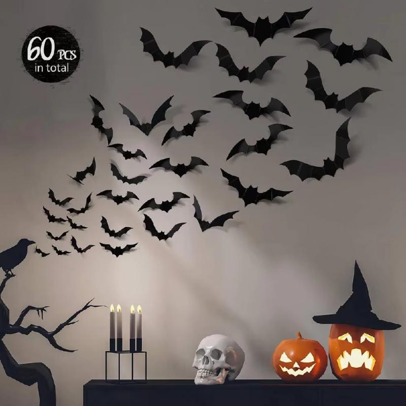 60Pcs 3D Black Bats & Spiders Wall Decor PVC Stickers Waterproof Halloween Party Decorations for Windows Bats & Spiders Themed
