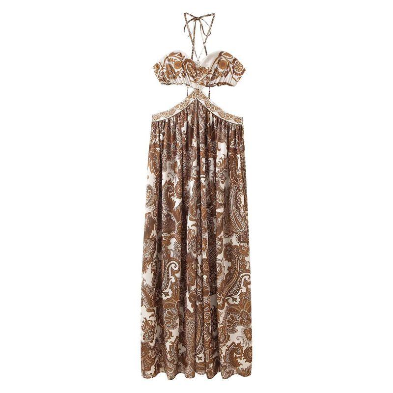 Kaslead New Women Clothes Western Style Fashion Simple Hanging Neck Sling Print Long Dress