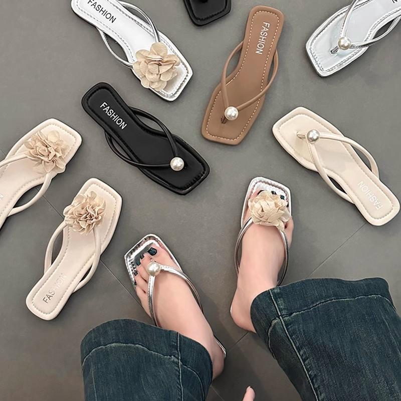 Новая приморская пляжная обувь Корейская версия женской летней моды плоская подошва простые однотонные жемчужные шлепанцы обувь универсальная