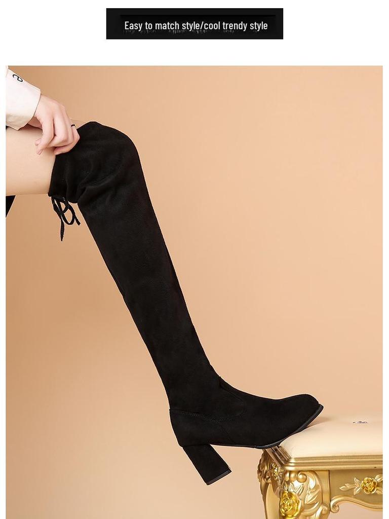 2024 Осень/Зима Миниатюрные замшевые сапоги на высоком каблуке - Эластичные сапоги выше колена для женщин