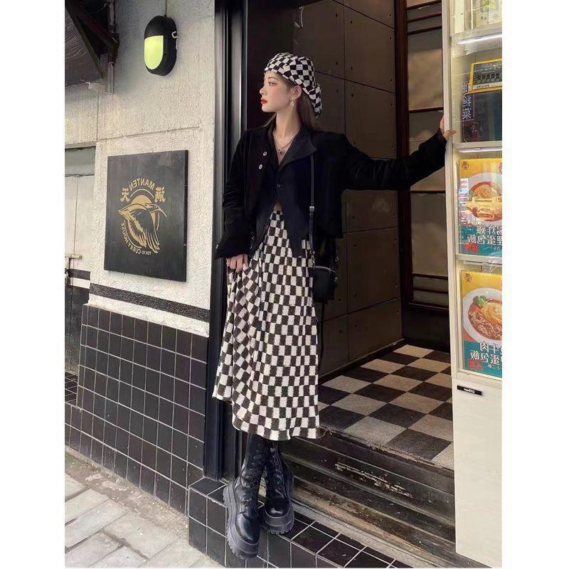 Vintage Plaid A-Line Midi Skirt Women High Waist Slim Fit Winter Fashion