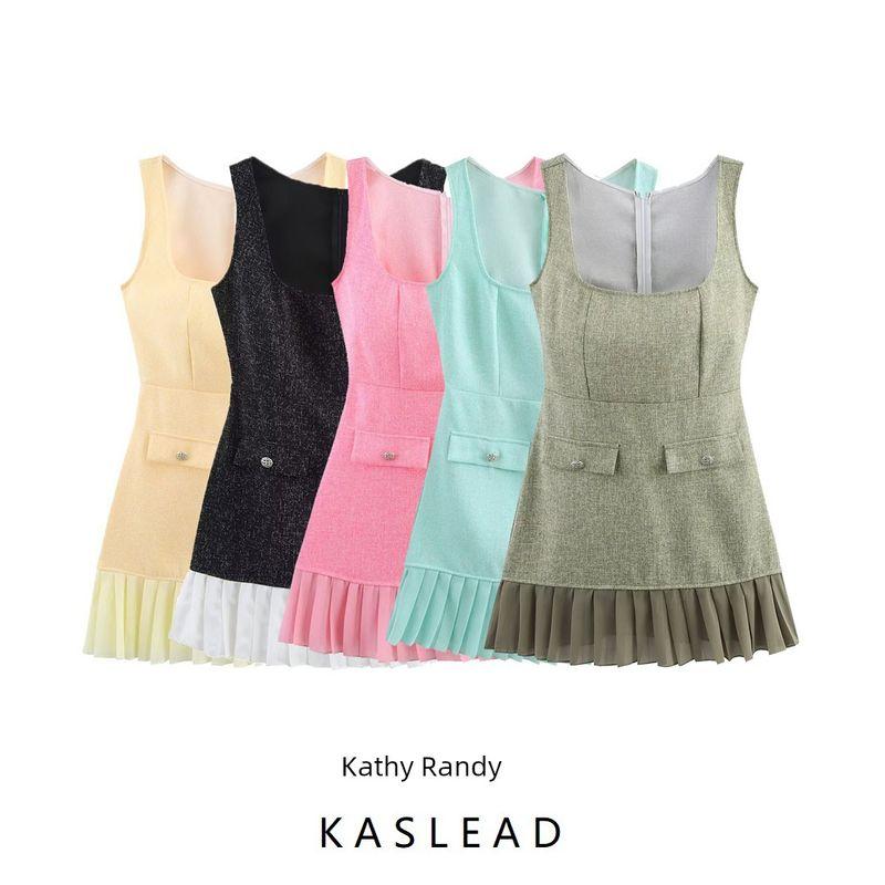 Kaslead New Arrival Women's Clothing Fashion Style Fashion Slim Fit Square Collar Sleeveless Pleated Dress