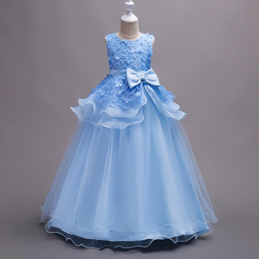 CUHK Girls' Dress Princess Dress Solid Color Flower Long Floor-length Evening Gown Puffy Princess Dress