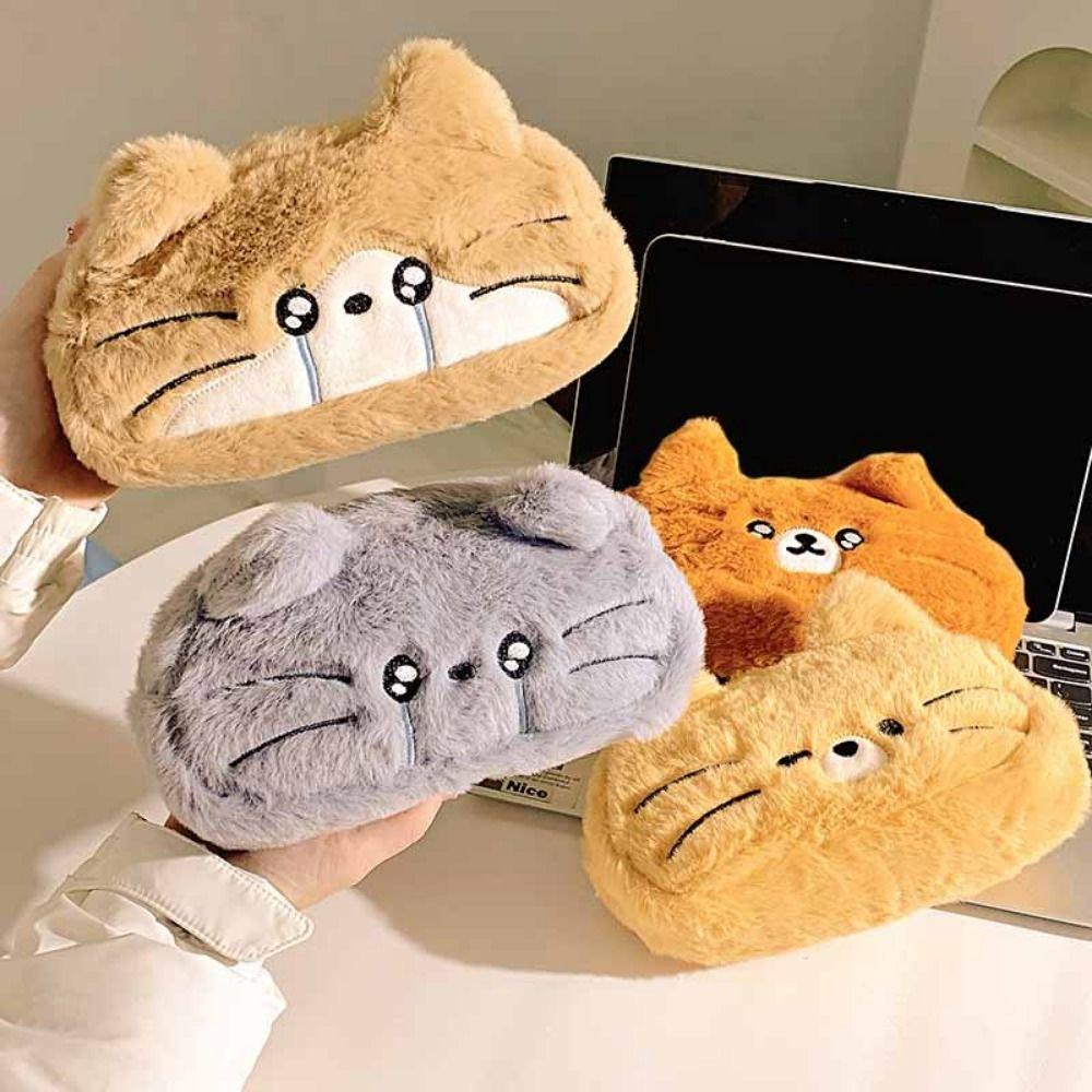 Funny Cat Plush Cat Pencil Case Embroidered Plush Cat Stationer Bag Student Stationery