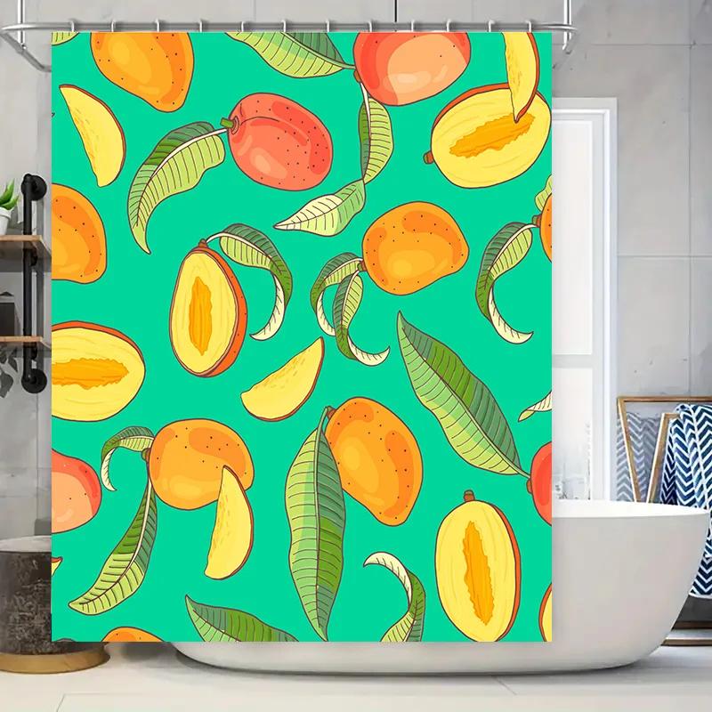 Colorful Fruit Shower Curtain Vivid Pattern with Mangoes Peaches on Green Background Waterproof Fabric for Bathroom Decoration