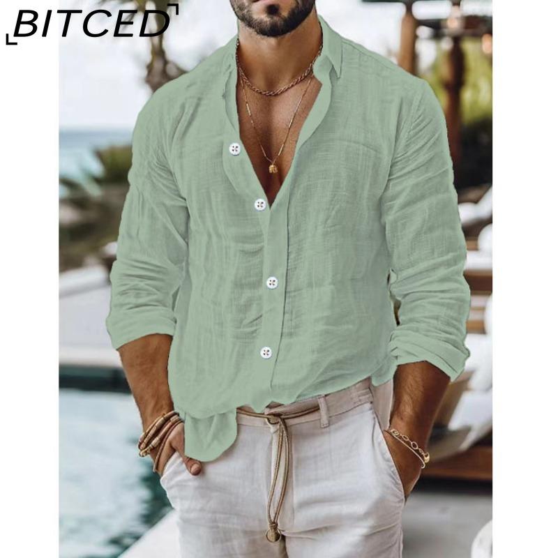 BITCED Мужская однотонная рубашка из смесовой хлопково-льняной ткани Повседневный стиль Рубашка с длинным рукавом Business Casual