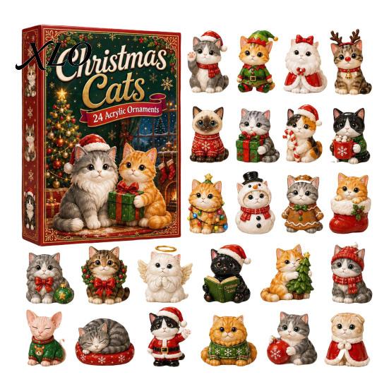 24 Day Christmas Countdown Cat Advent Calendar, with Cute Ornaments, Decorative Accents 2D Acrylic Kitty Holiday Decorations, Gift for Kids,