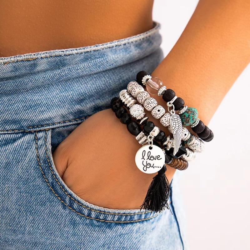 Богемные разноцветные хрустальные бусины, веревочные браслеты для женщин и девочек, этнические сердца с кисточками, очаровательный браслет, набор ювелирных изделий, подарок