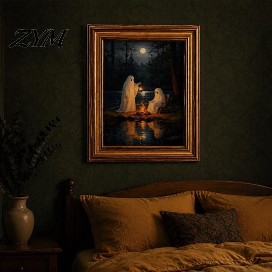 Spooky Home Wall Decoration Vintage Cute Ghost Canvas Art, 2 Ghosts Campfire Art for Living Rooms Hanging Poster, Gothic Halloween Bedroom Room