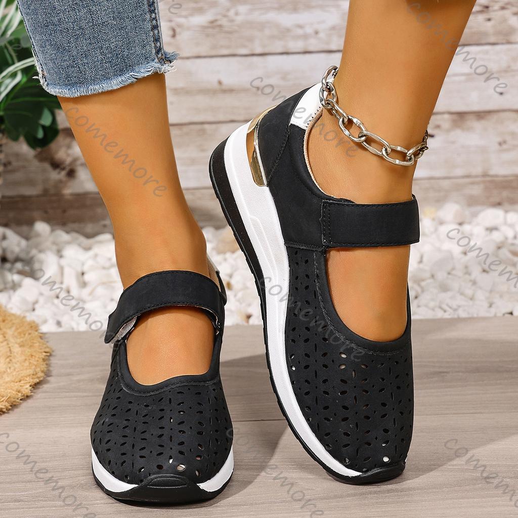 Comemore Summer New Lightweight Hollowing Sneakers for Women Casual Breathable Wedges Middle Heel Sports Single Vulcanize Shoes