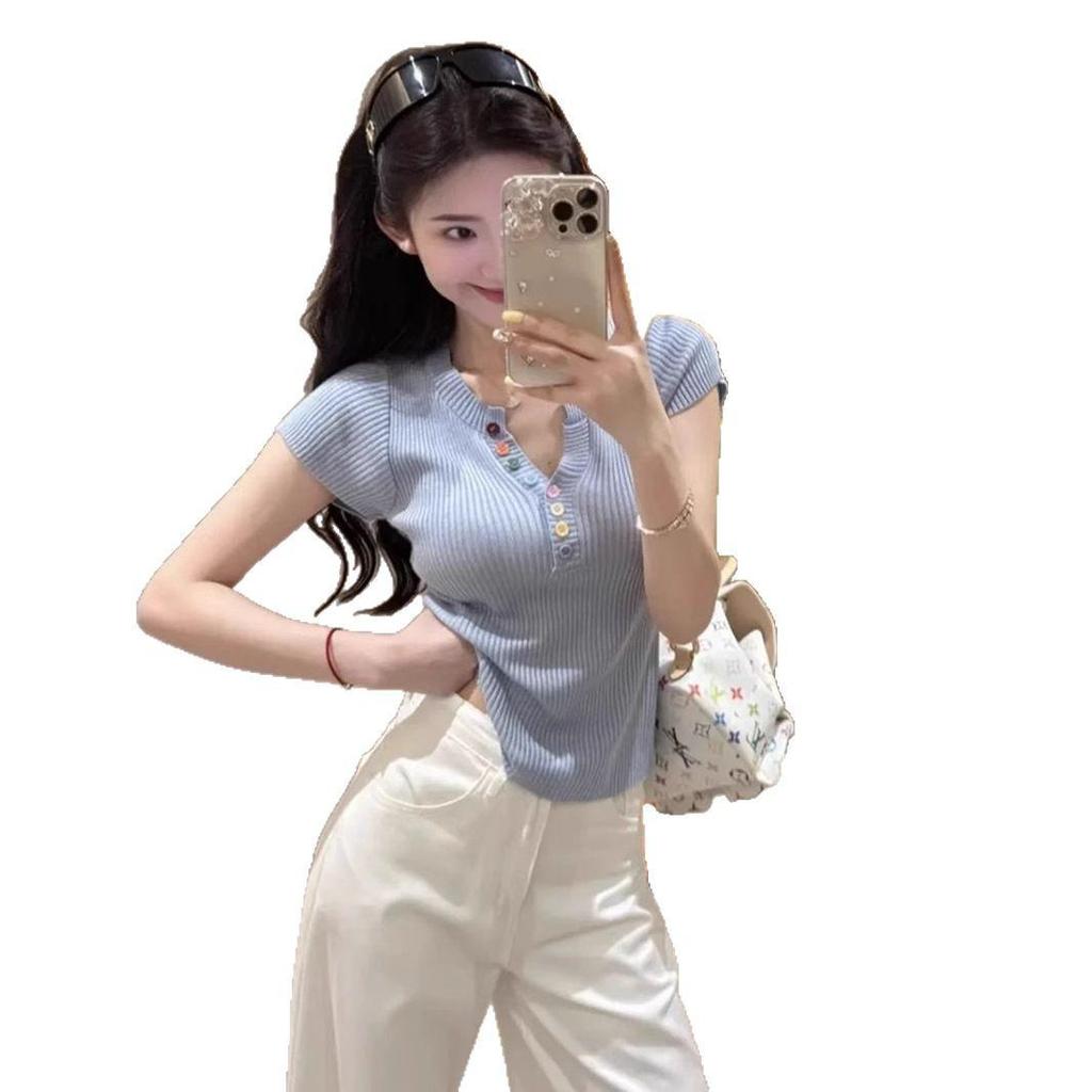Korean-Inspired Colorful Button V-neck Knitted Top - 2025 Summer Chic Slimming Fashion for Women