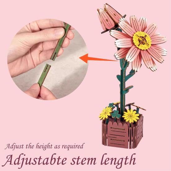 3D Wooden Flower Puzzle Kit for Adults DIY Botanical Bouquet Building Set Wood Sunflower/Rose Floral Craft Kit for Stress Relief Mother's Day