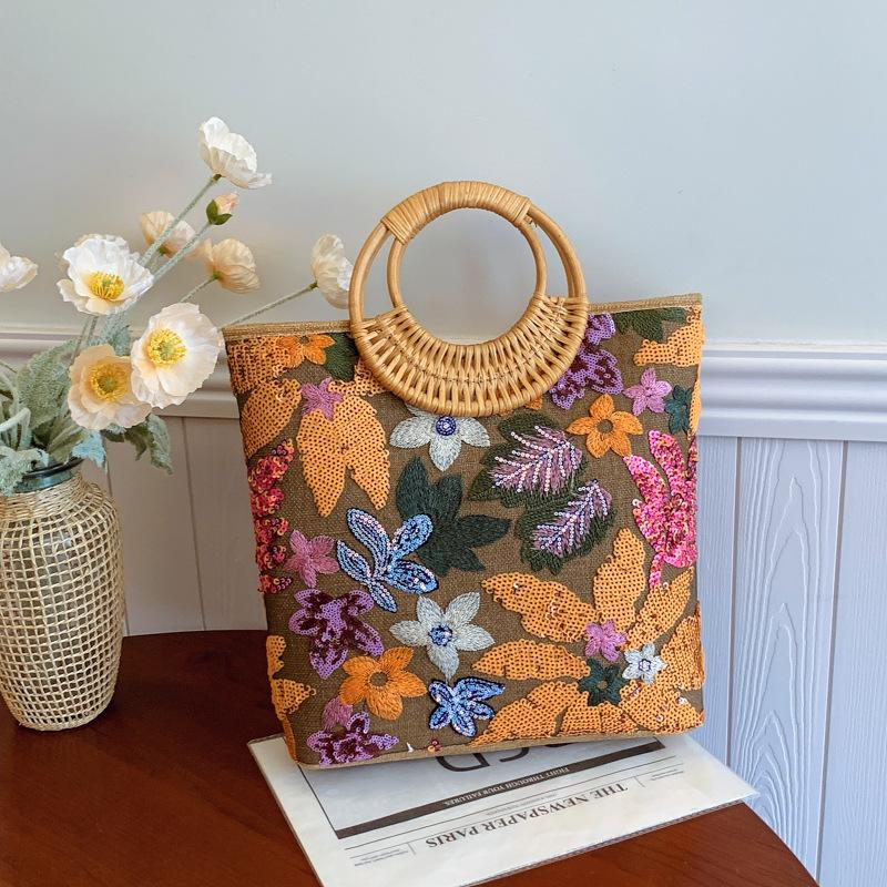 Сумка-тоут из пайеток и соломы для женщин - вышивка в стиле бохо-шик, вместительная летняя пляжная сумка с экологичным дизайном
