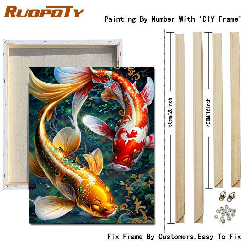 RUOPOTY Краска по номерам для взрослых, начинающих, рыб, животных, набор для акриловой живописи «сделай сам», для декора стен комнаты 40x50 см с рамкой