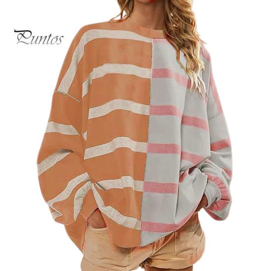 Осенне-весенний женский свитшот с цветным полосатым принтом и круглым вырезом, свободный трикотажный свитер средней длины, повседневная одежда, топ