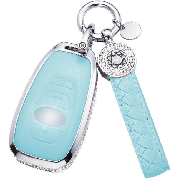 for Volvo Key Fob Cover with Keychain, Blue Leather Rhinestone Key Case Protection Shell Compatible with XC90, XC60, XC40, S60, S90, V60, V90,