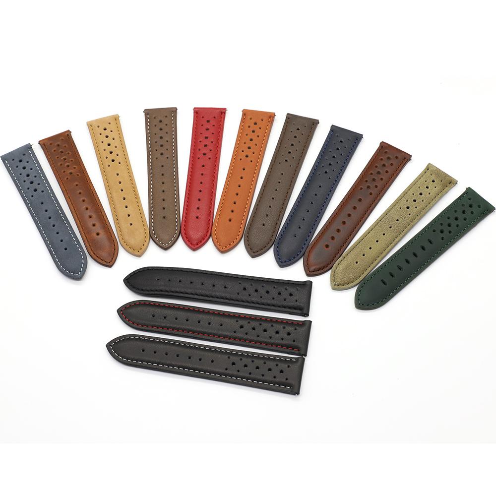 Vintage Racing Leather Watch Strap 18mm 19mm 20mm 22mm 24mm Breathable Porous Watchband Red Black Bracelet Handmade Wristband