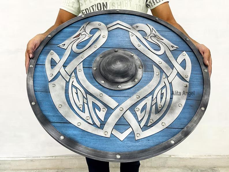 Wooden Viking Shield: Jormungandr Sea Dragon, Battleworn Norse Decor