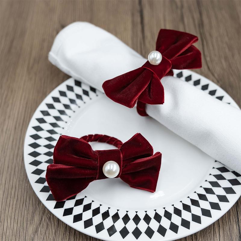 6pcs Festival Banquet Wedding Napkin Rings Luxury Velvet Bow Pearl Table Decoration Restaurant Decoration Tableware Accessories