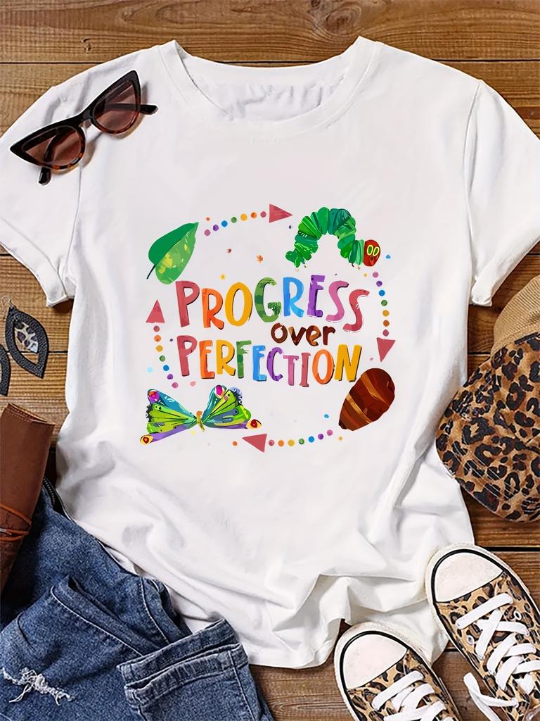 Womens PROGRESS Motivational Graphic TShirt Colorful Lettering with Playful Hearts Stars for Aesthetic Clothes