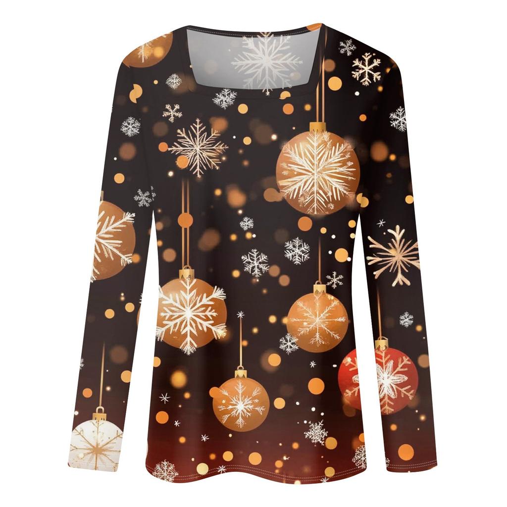 Женская модная повседневная рубашка с длинными рукавами и рождественским принтом с квадратным вырезом и длинными рукавами