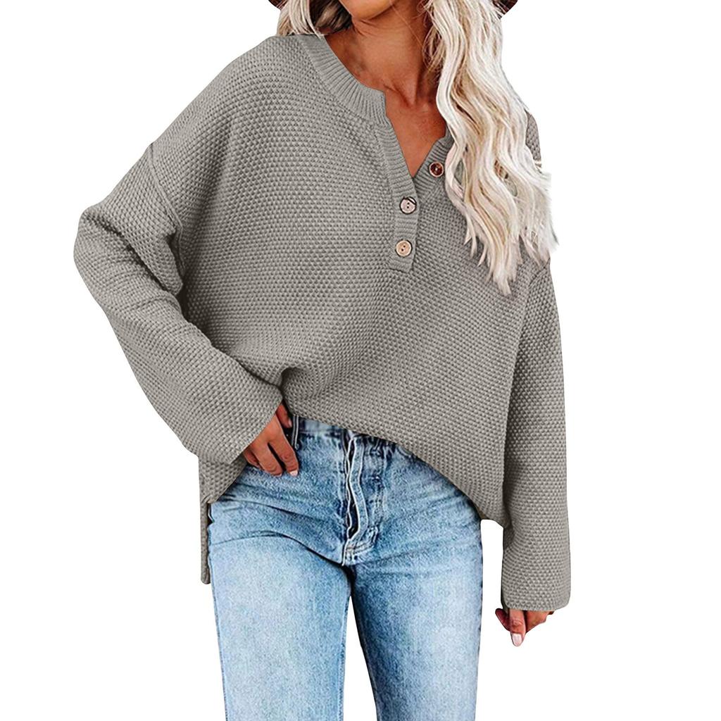 Женская мода, повседневный однотонный свободный вязаный пуловер с круглым вырезом и пуговицами, топ