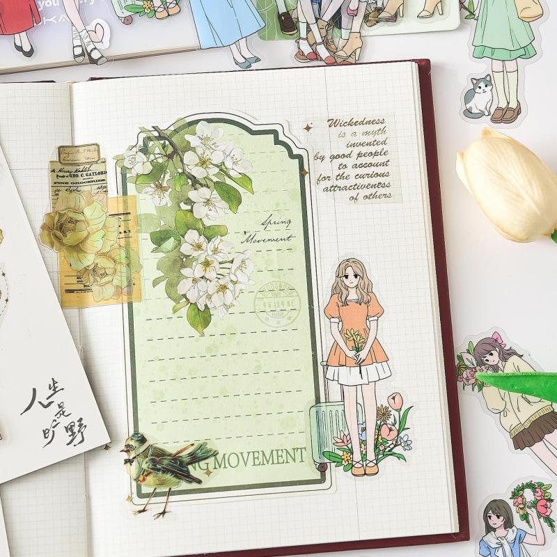 30 Sheets Girl Holding Flowers Character Stickers Kawaii Anime Style Self-Adhesive For Journal Scrapbook DIY Decoration