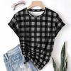 Striped Casual Sports Women's T-shirt Summer Round Neck Short Sleeved Element Pattern Checkered Loose Fit T-shirts