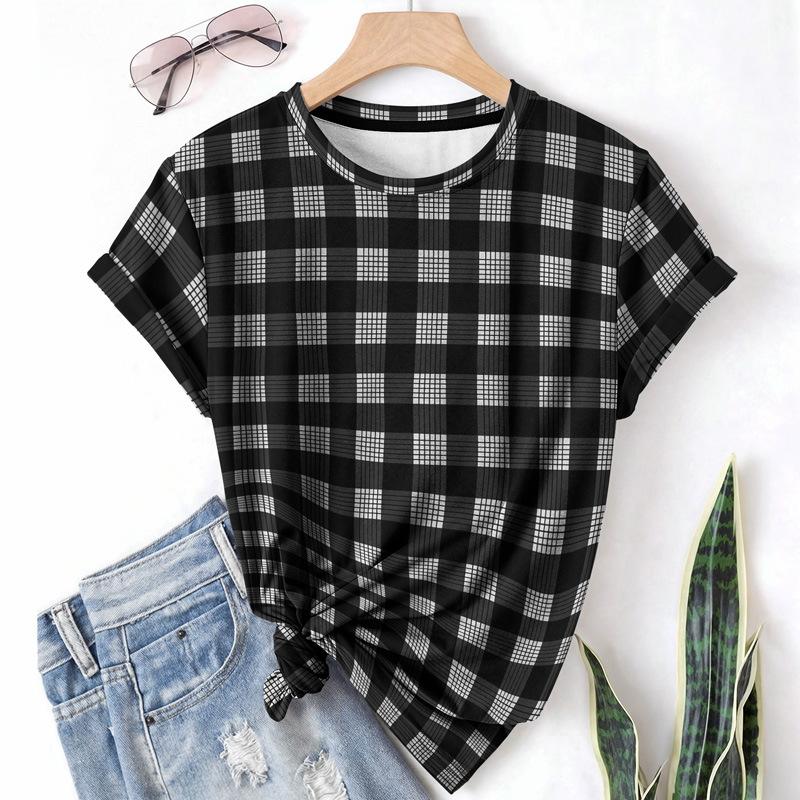 Striped Casual Sports Women's T-shirt Summer Round Neck Short Sleeved Element Pattern Checkered Loose Fit T-shirts