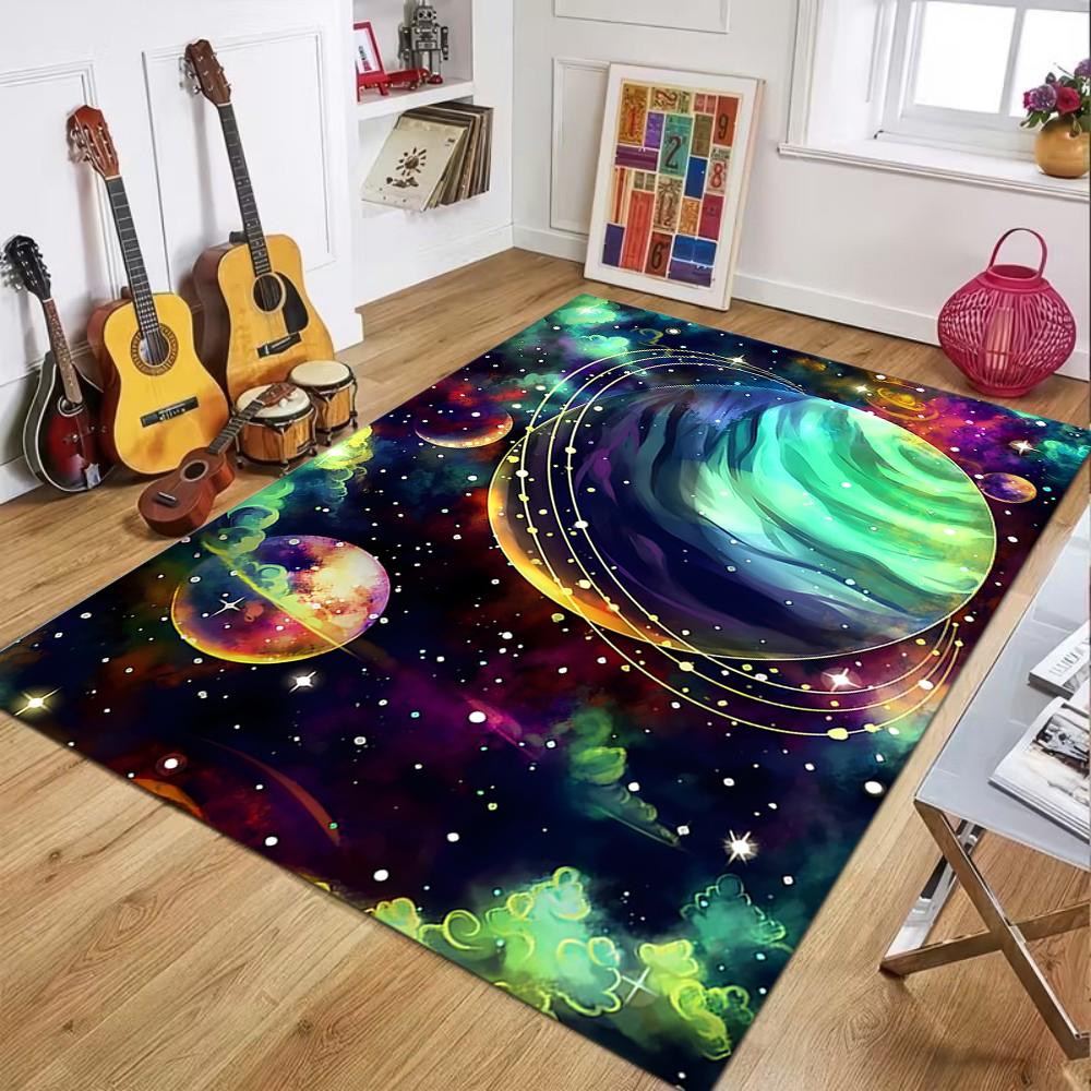 Black Background Planets with Orbits Universe Pattern Carpet Space Decor Non-Slip Soft Mat for Living Room Bedroom