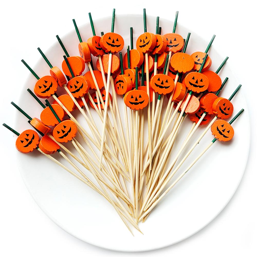 100Pcs Halloween Pumpkin Skewers Bamboo Picks Fruit Forks Buffet Dessert Toothpicks Ghost Bat Halloween Party Decoration