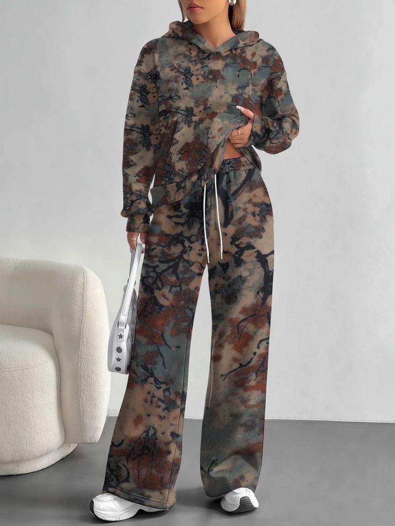 Сшитый tie-dye европейский и американский повседневный костюм с длинным рукавом женский худи с капюшоном и брюки комплект из двух предметов