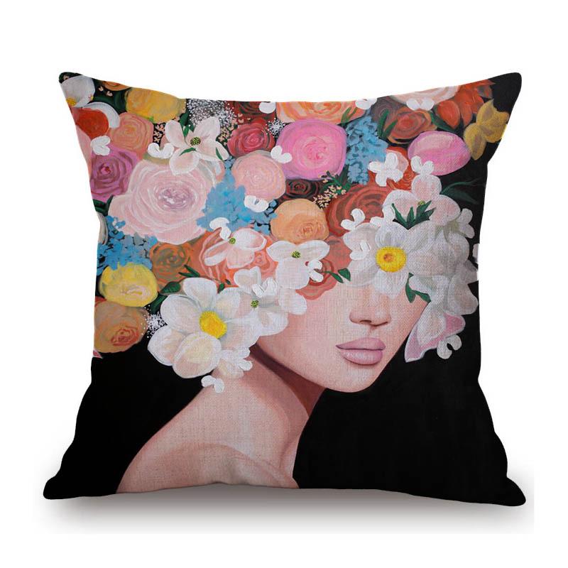 Modern Flower Head Girl Oil Painting Art Cotton Linen Sofa Throw Pillow Case Fashion Floral Lady Decoration Cushion Cover