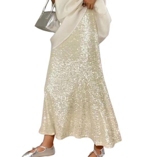 Women Maxi Skirt Elastic High Waist Long Skirt with Liner Shiny Sequins