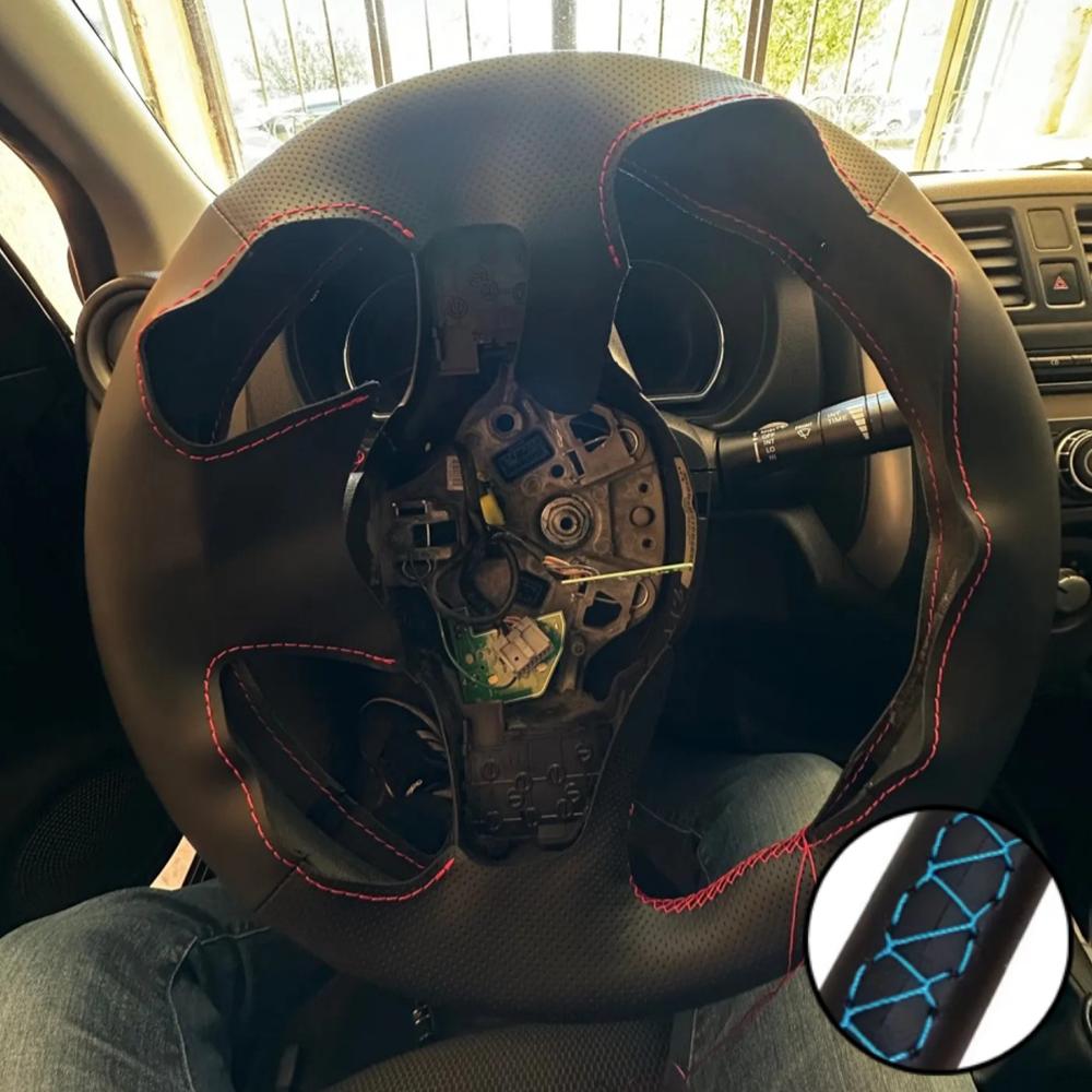 Hand Stitched Black Perforated Non-slip Microfiber Leather Steering Wheel Cover For Nissan March Sunny Versa Almera 2013
