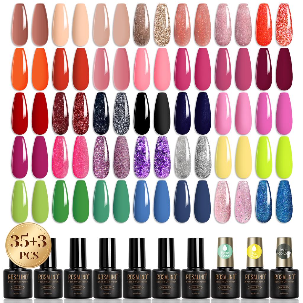 ROSALIND 38pcs Nail Polish Gel Kit Colorful Semi Permanent Gel Nail Polish Soak Off UV Gel Base Matt Top Coat Gel Polish Varnish Hybrid Lacquer Gel