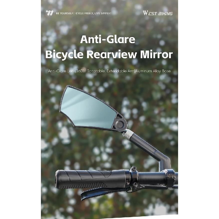 WEST BIKING Anti Glare Bicycle Rear View Mirror 360 Rotatable Extendable Arm Larger HD Lens Bike Accessory For MTB City Bikes