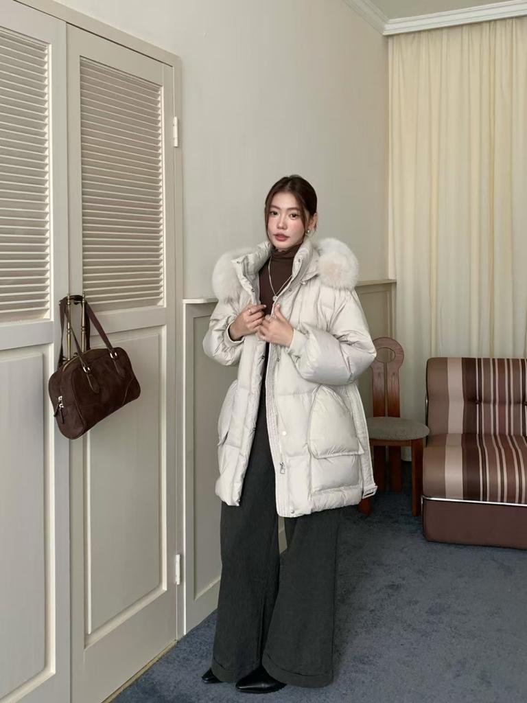 2024 новый большой меховой воротник с капюшоном белый утиный пуховик женский талия и тонкий средний и длинный утолщенный пальто