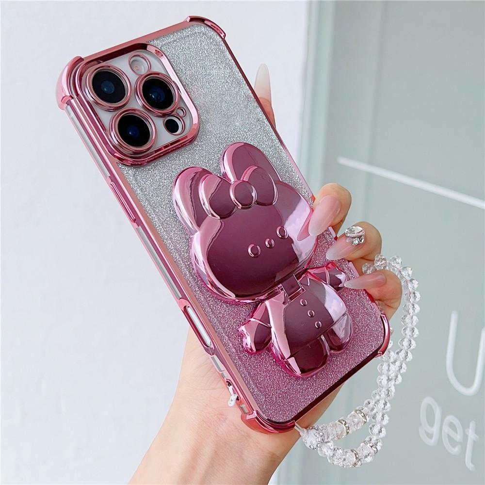 Glitter Shockproof Phone Case For Motorola Moto G10 G20 G30 G84 G54 G82 5G G52 G71S Mirror Rabbit Stand Crystal Chain Soft Cover
