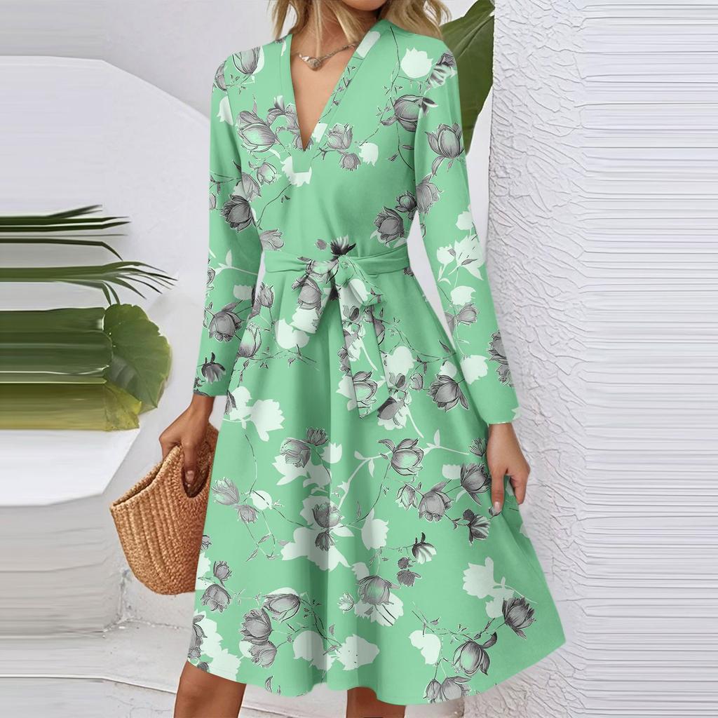 Women's Fashion Casual V-Neck Long Sleeve Waist Floral Print Midi Dress