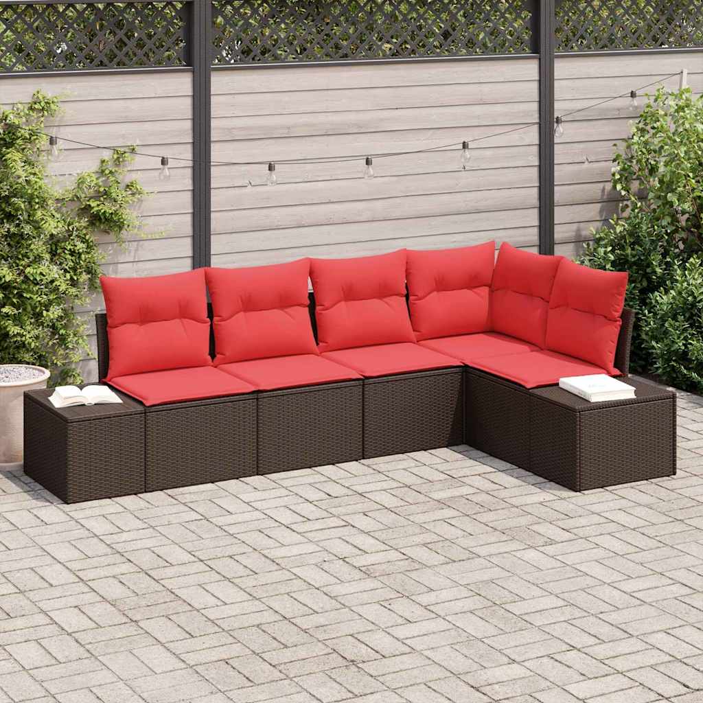 Garden Sofa Set 5 Pieces Brown and Red Poly Rattan