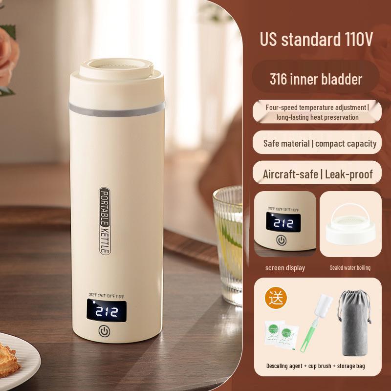 Портативный чайник 110 В с вилками США, Великобритании, ЕС - Изолированная электрическая кружка из нержавеющей стали 316.