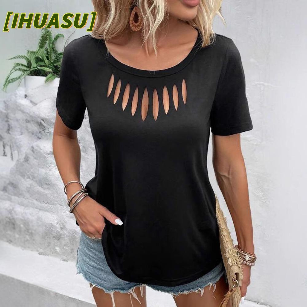 IHUASU Женские модные повседневные однотонные блузки и рубашки с короткими рукавами и круглым вырезом с принтом